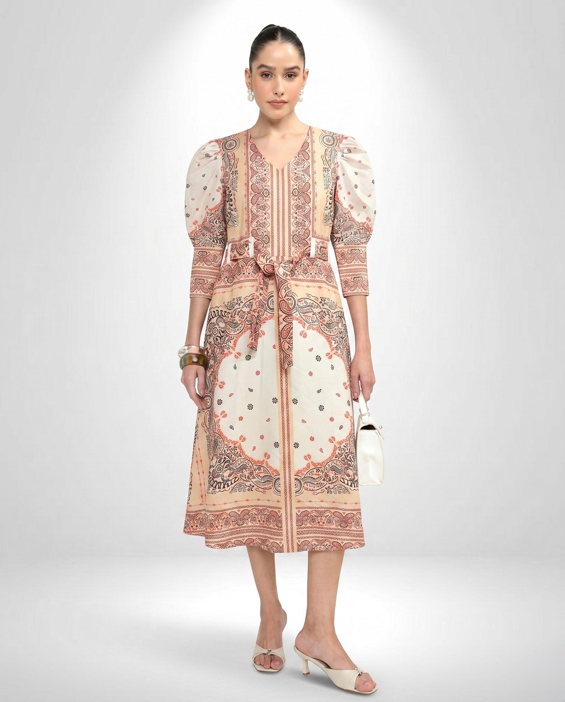 Women's V-Neck Bandana Motif Tie-Waist Dress