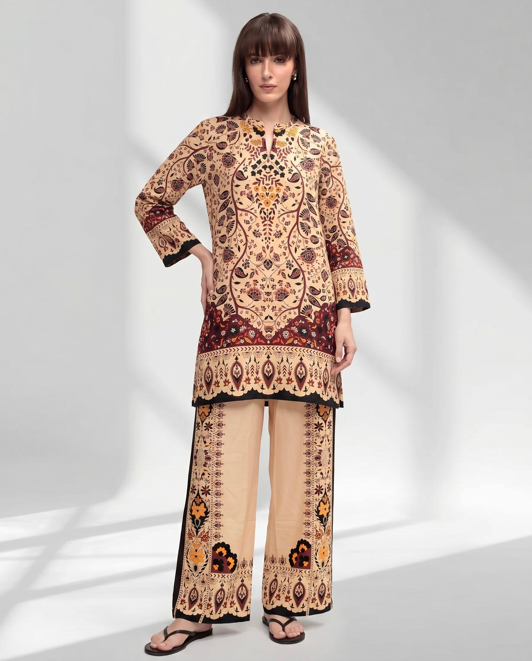 Mustard and Burgundy Geometric Floral Kurta Set