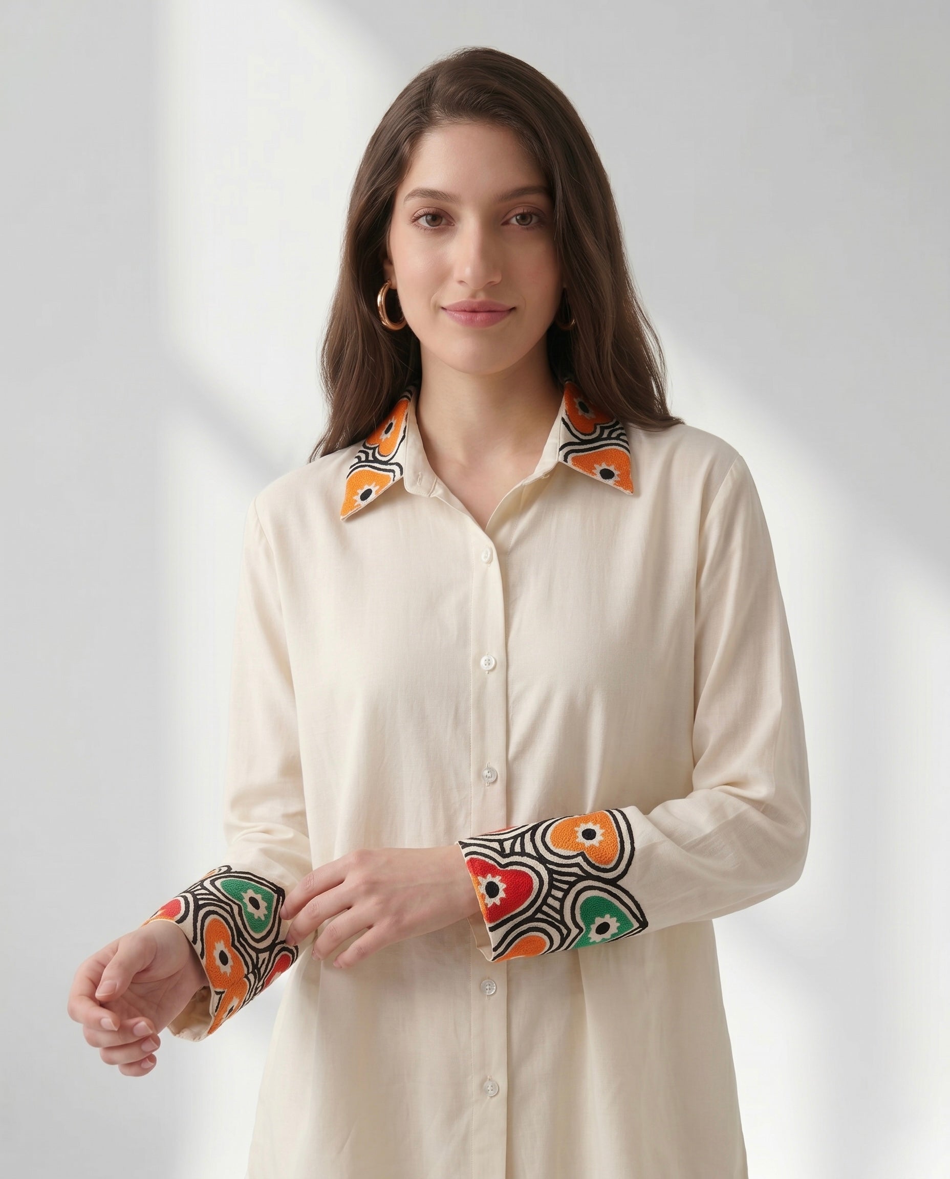 Ivory Button-Down Co-ord with Abstract Border Print