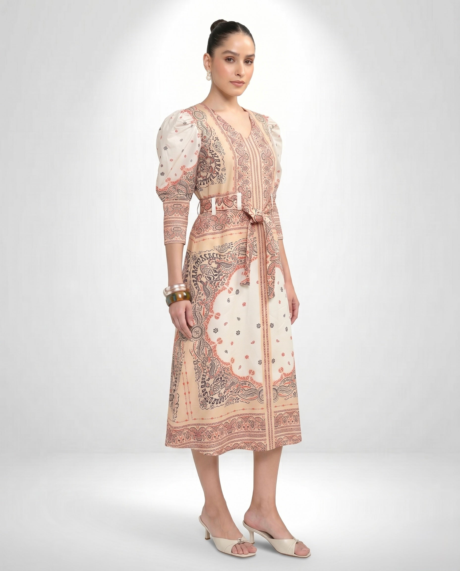 Women's V-Neck Bandana Motif Tie-Waist Dress