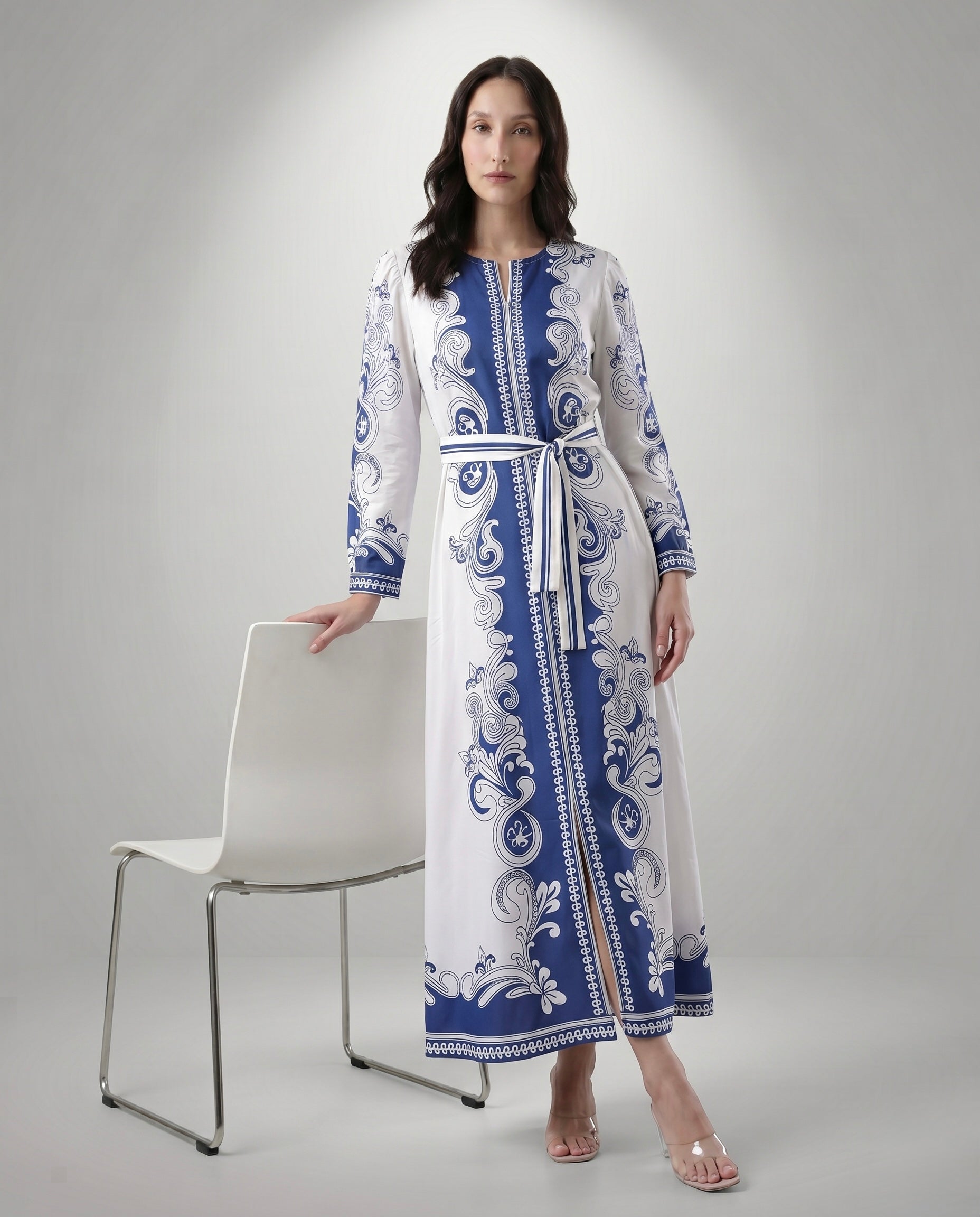 Blue and White Baroque Print Maxi Dress with Tie Belt