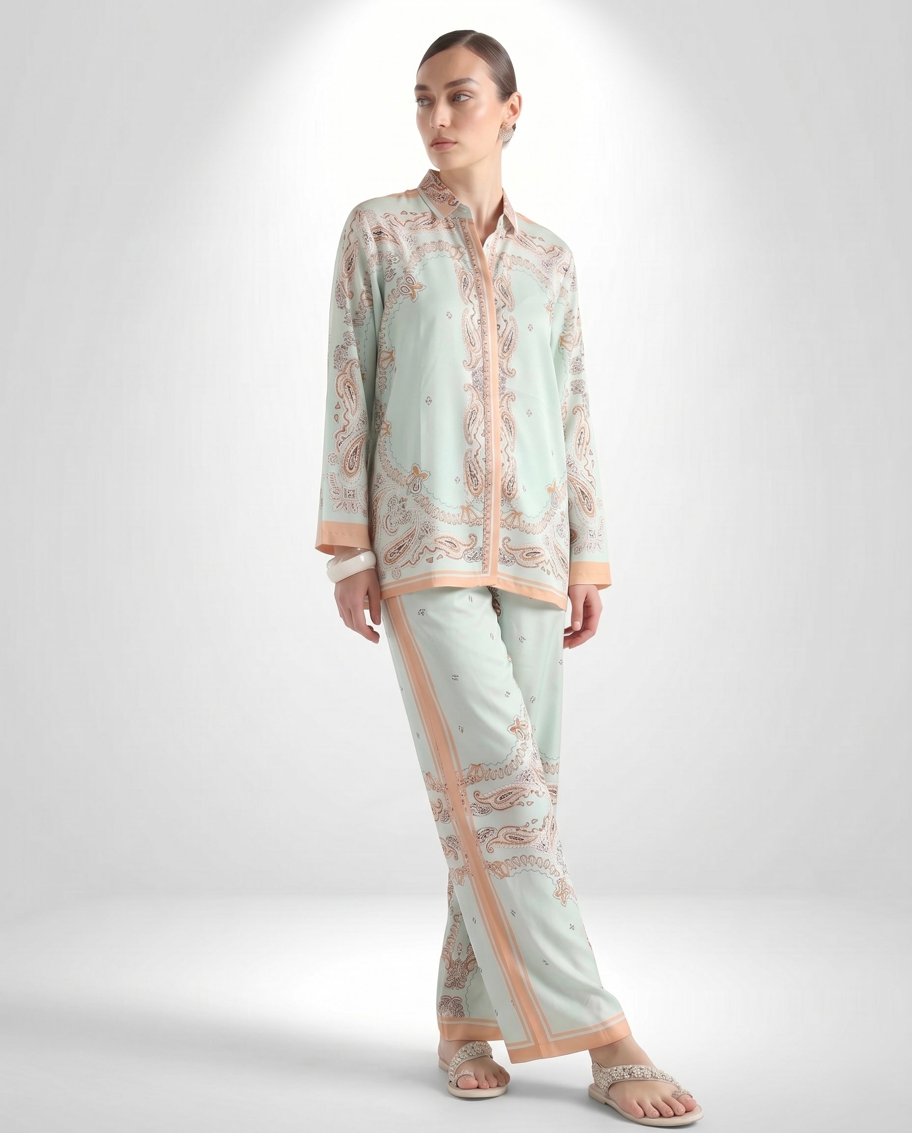Mint Green Paisley Print Shirt & Wide-Leg Pants Co-Ord Set