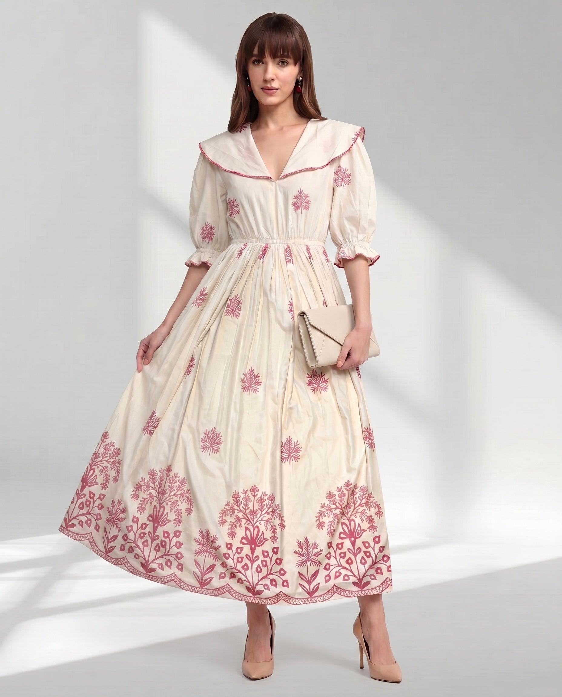 Cream V-Neck Gathered Waist Dress with Pink Embroidery look print