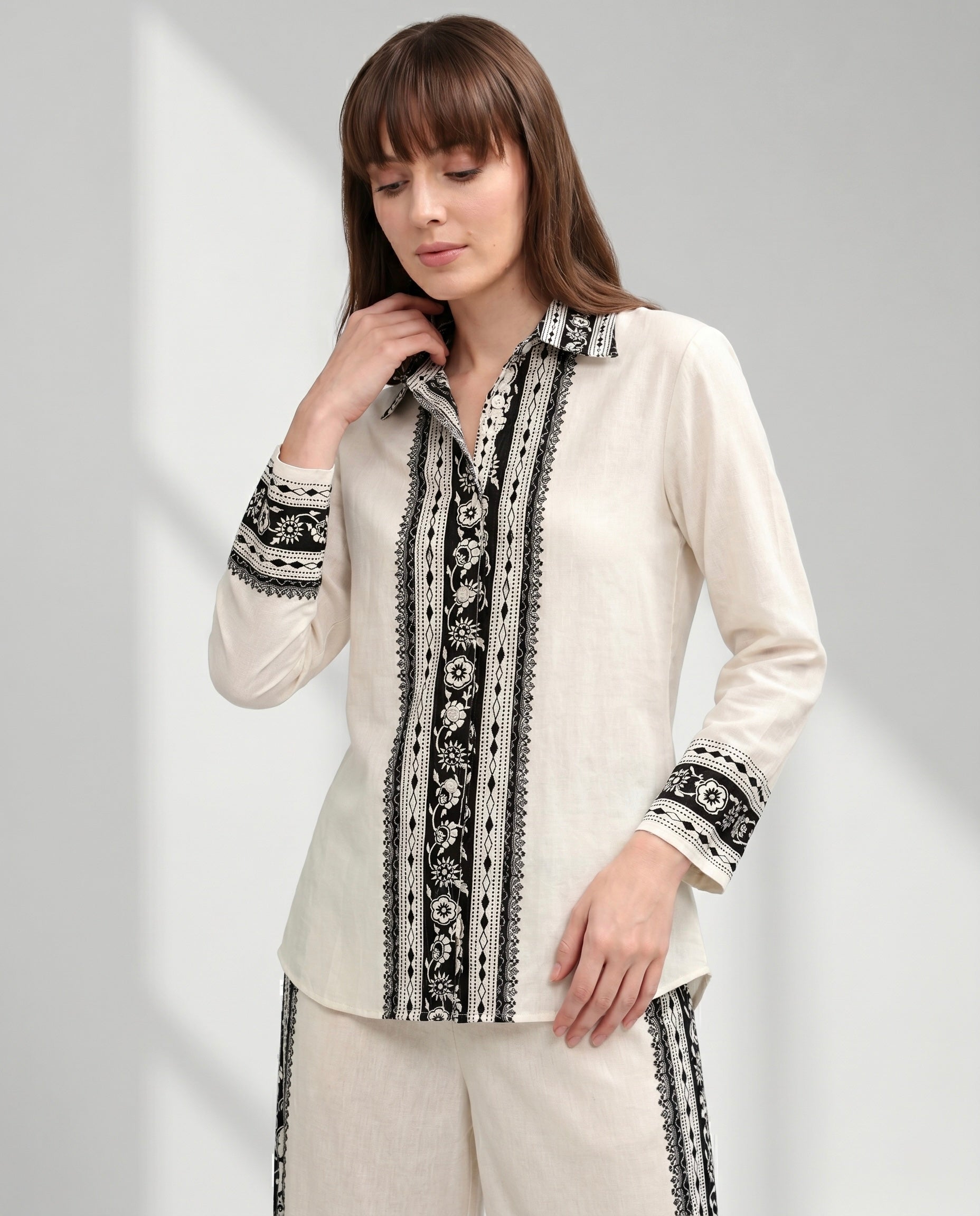 Women's Monochrome Trim Shirt and Wide-Leg Trouser Set