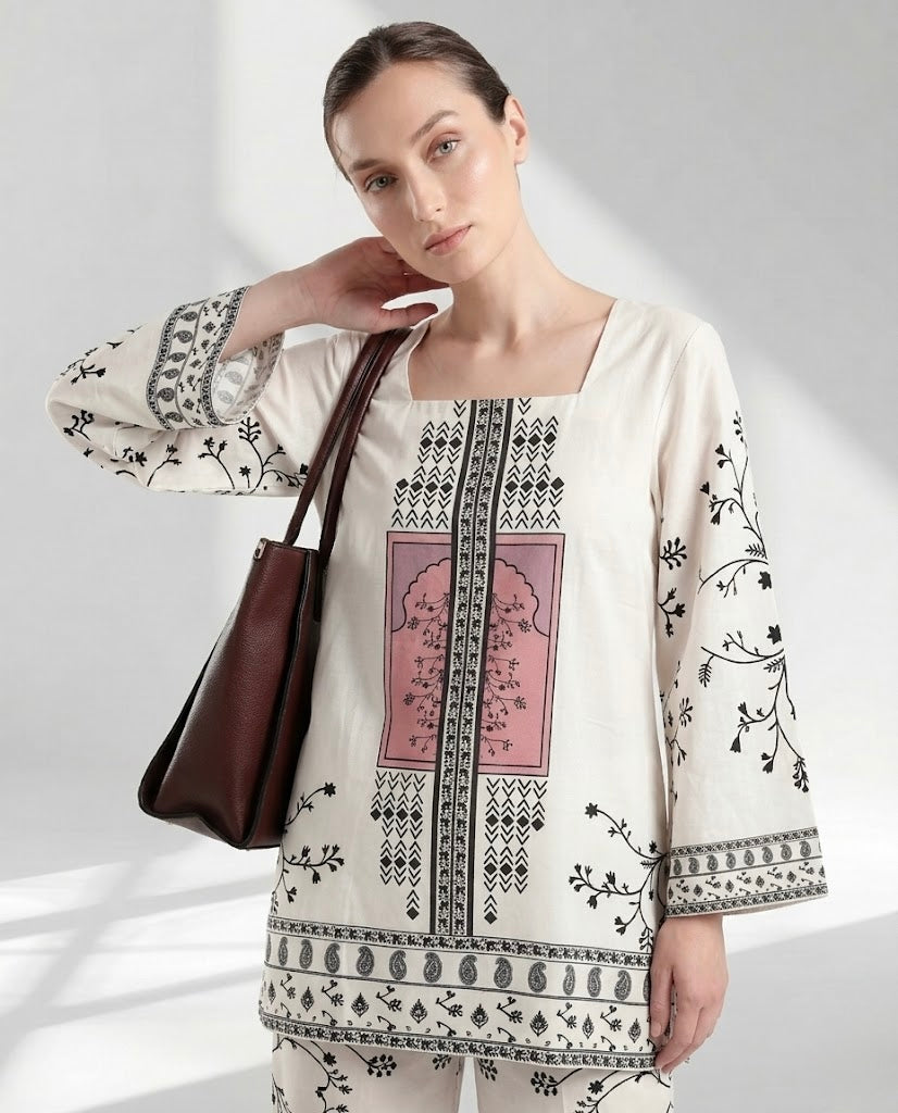 Cream and Charcoal Floral Motif Two-Piece Lounge Set