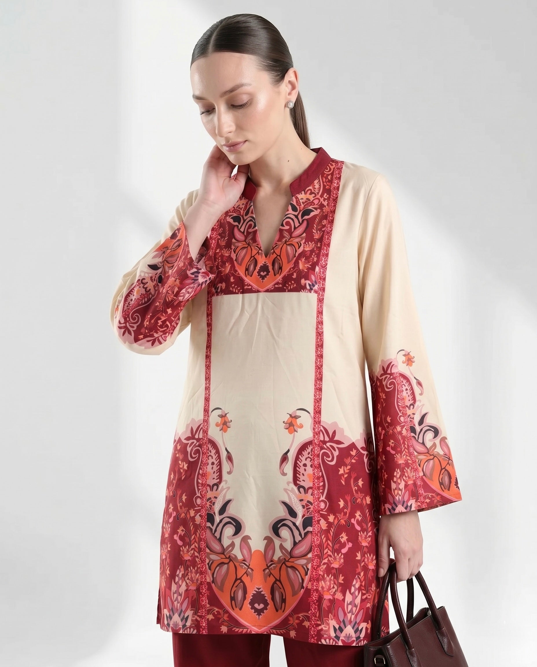 Red Paisley Border Print Two-Piece Lounge Set