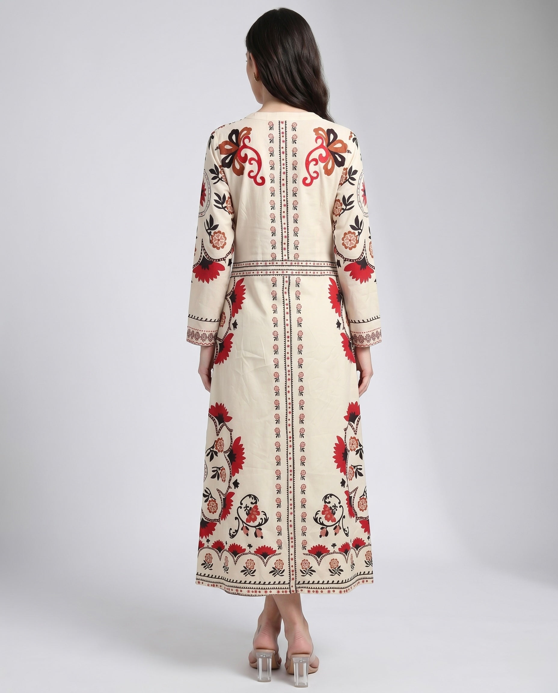Red and Charcoal Botanical Border Dress
