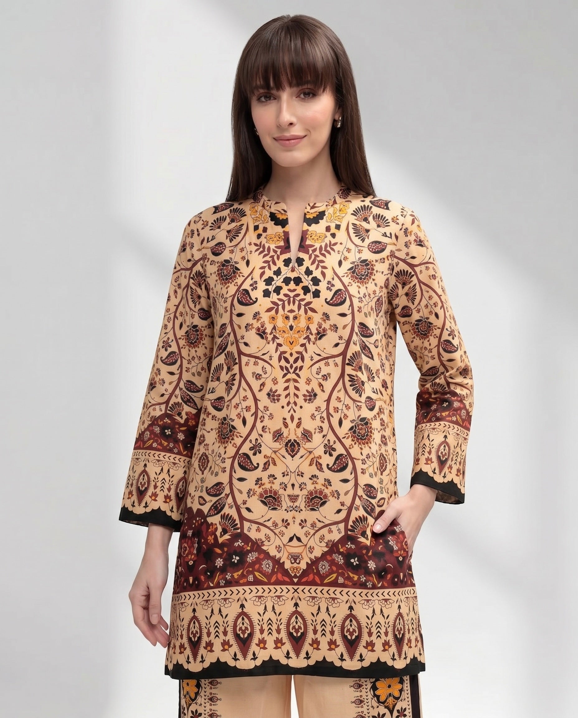 Mustard and Burgundy Geometric Floral Kurta Set