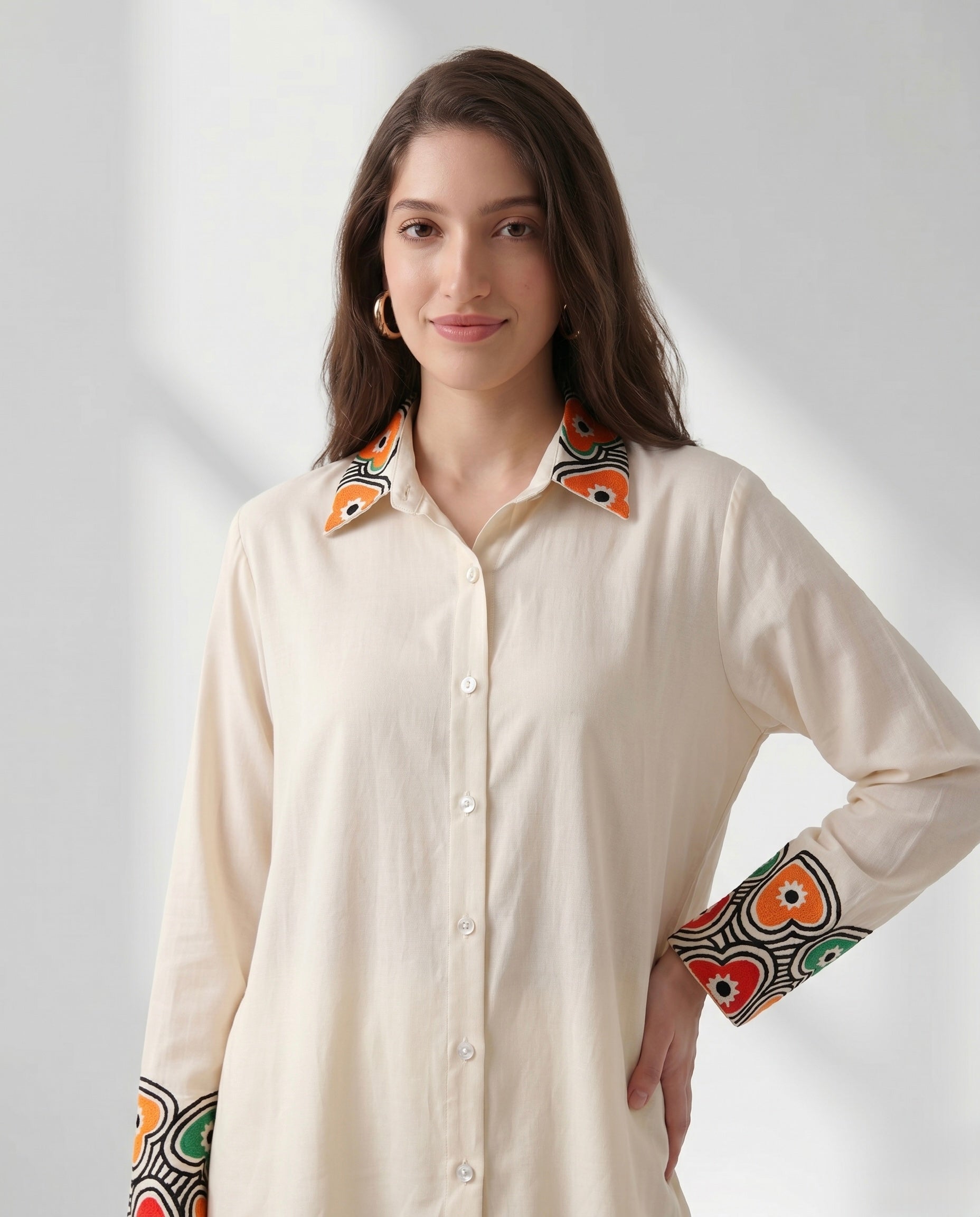 Ivory Button-Down Co-ord with Abstract Border Print