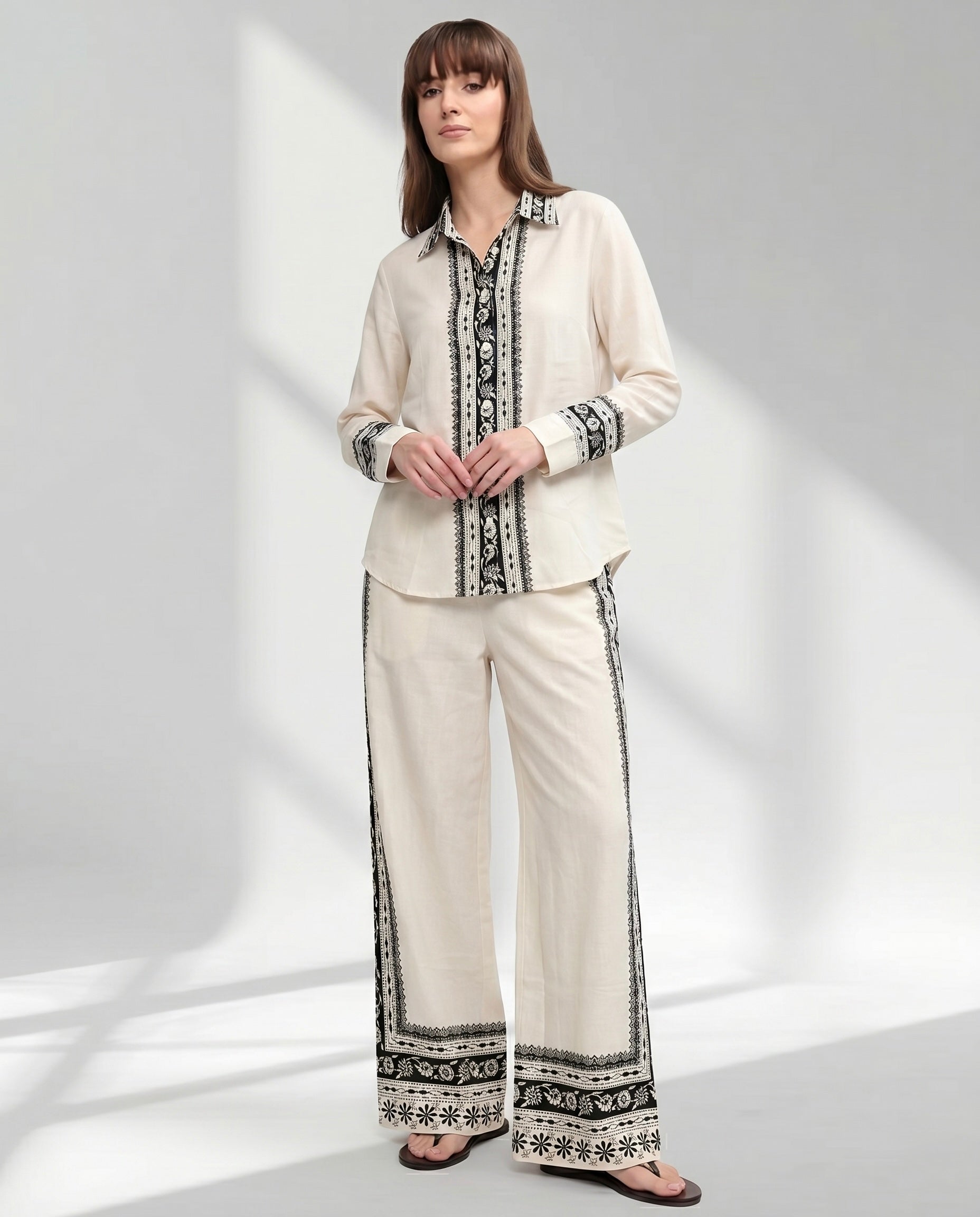 Women's Monochrome Trim Shirt and Wide-Leg Trouser Set