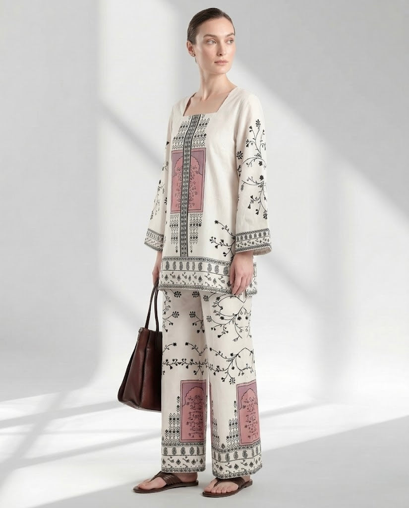 Cream and Charcoal Floral Motif Two-Piece Lounge Set