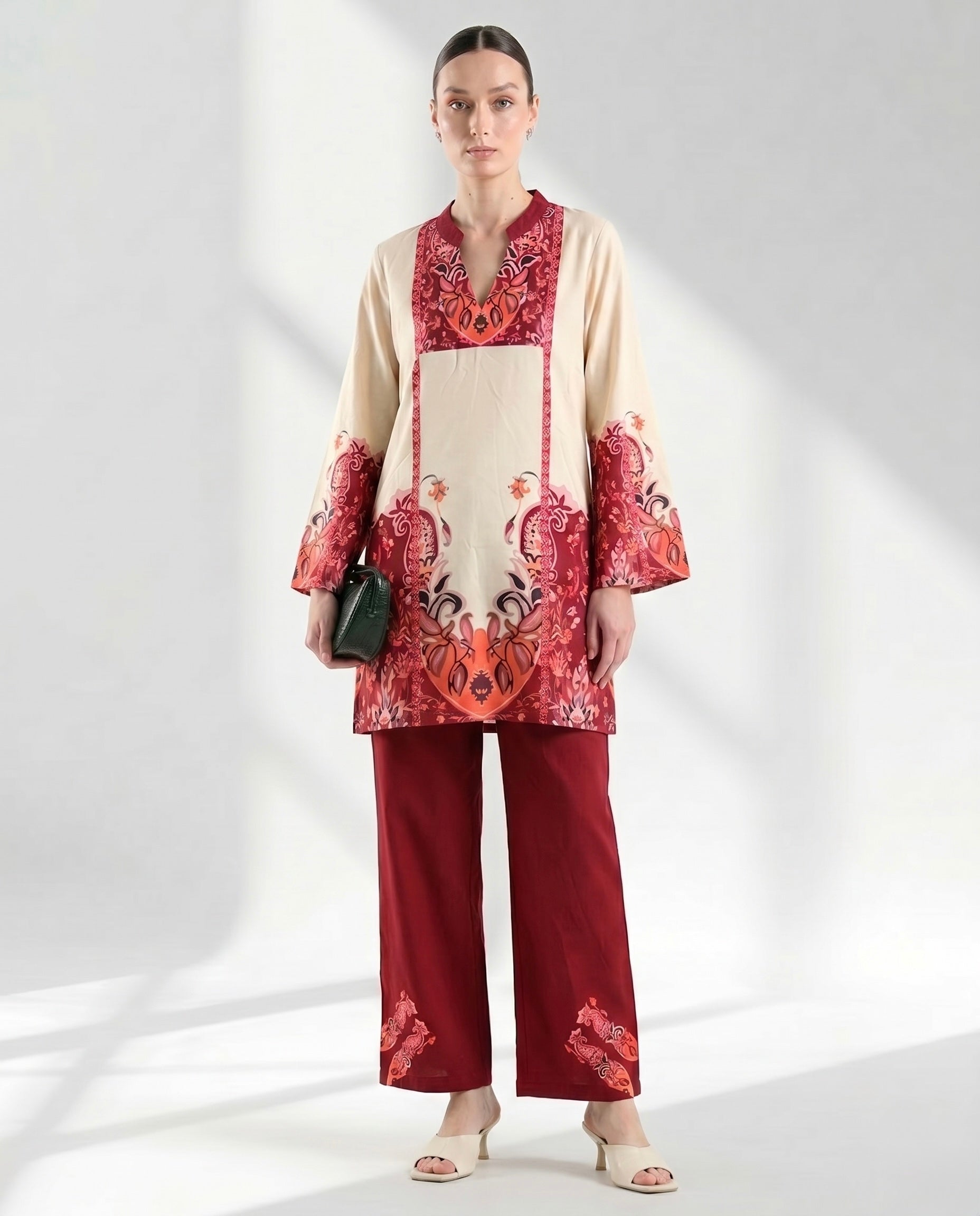 Red Paisley Border Print Two-Piece Lounge Set