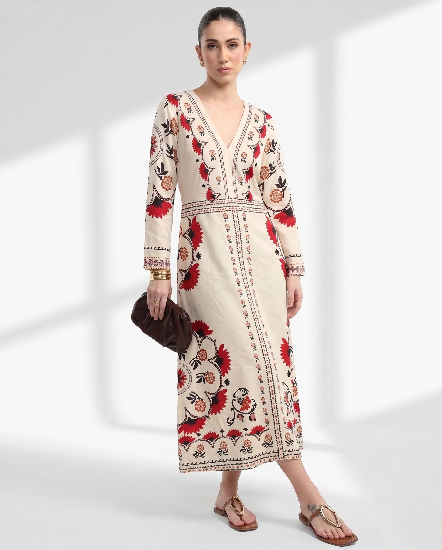 Red and Charcoal Botanical Border Dress