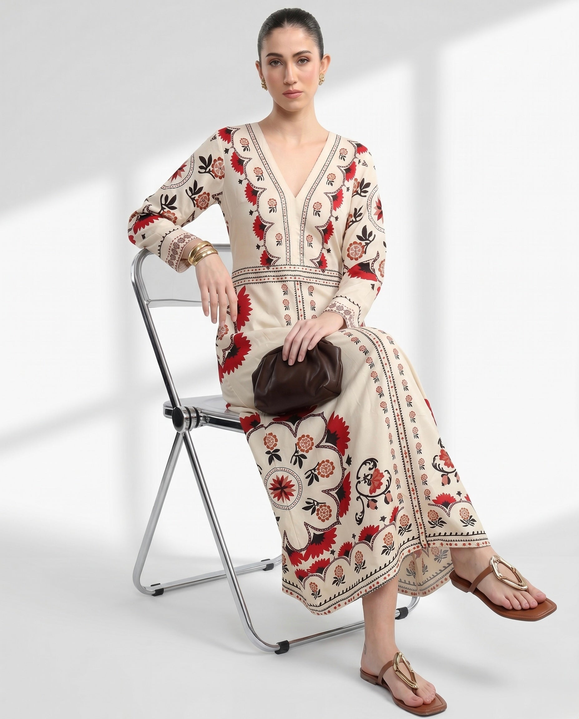Red and Charcoal Botanical Border Dress