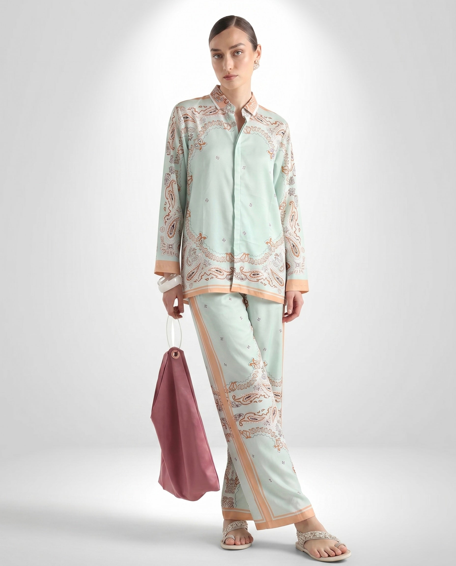 Mint Green Paisley Print Shirt & Wide-Leg Pants Co-Ord Set