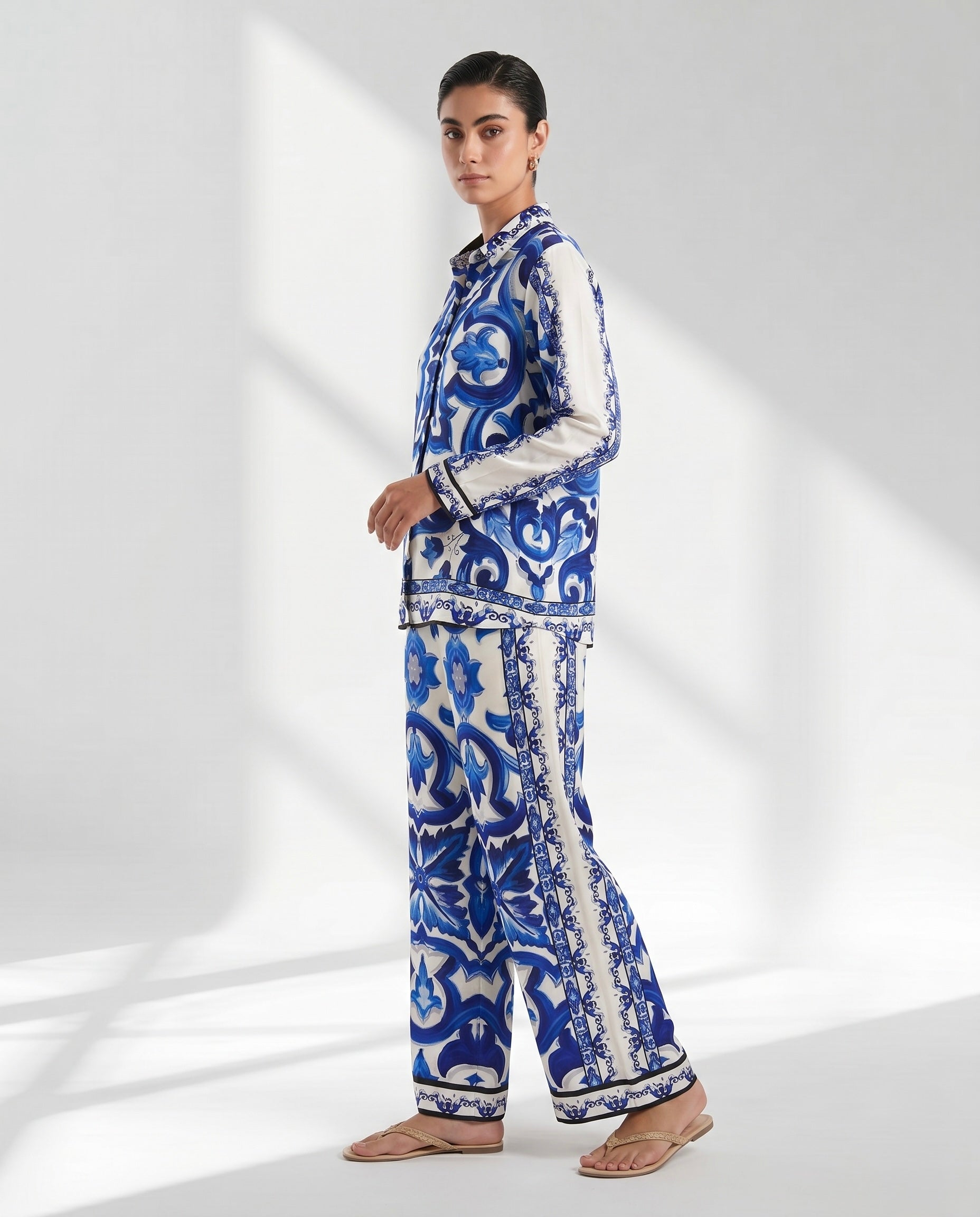 Luxury Blue & White Mediterranean Print Co-Ord Set
