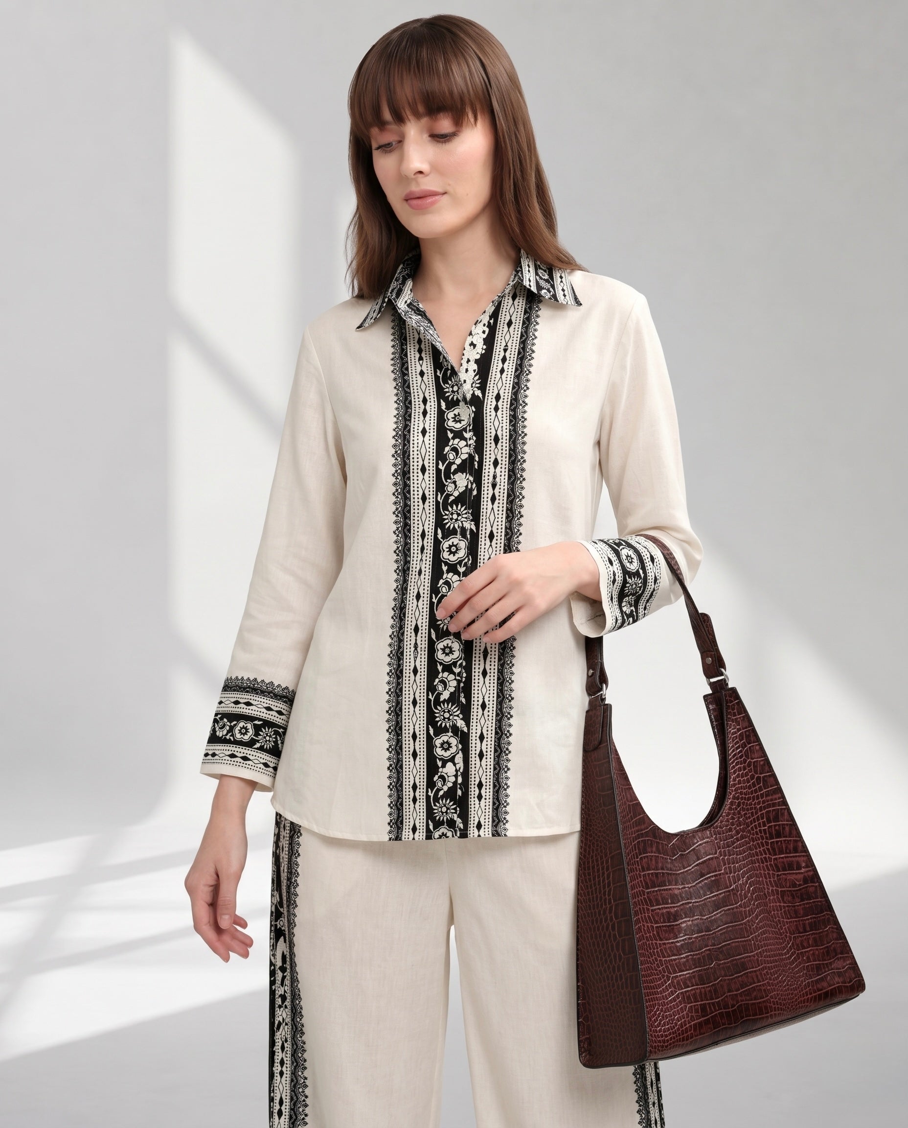 Women's Monochrome Trim Shirt and Wide-Leg Trouser Set