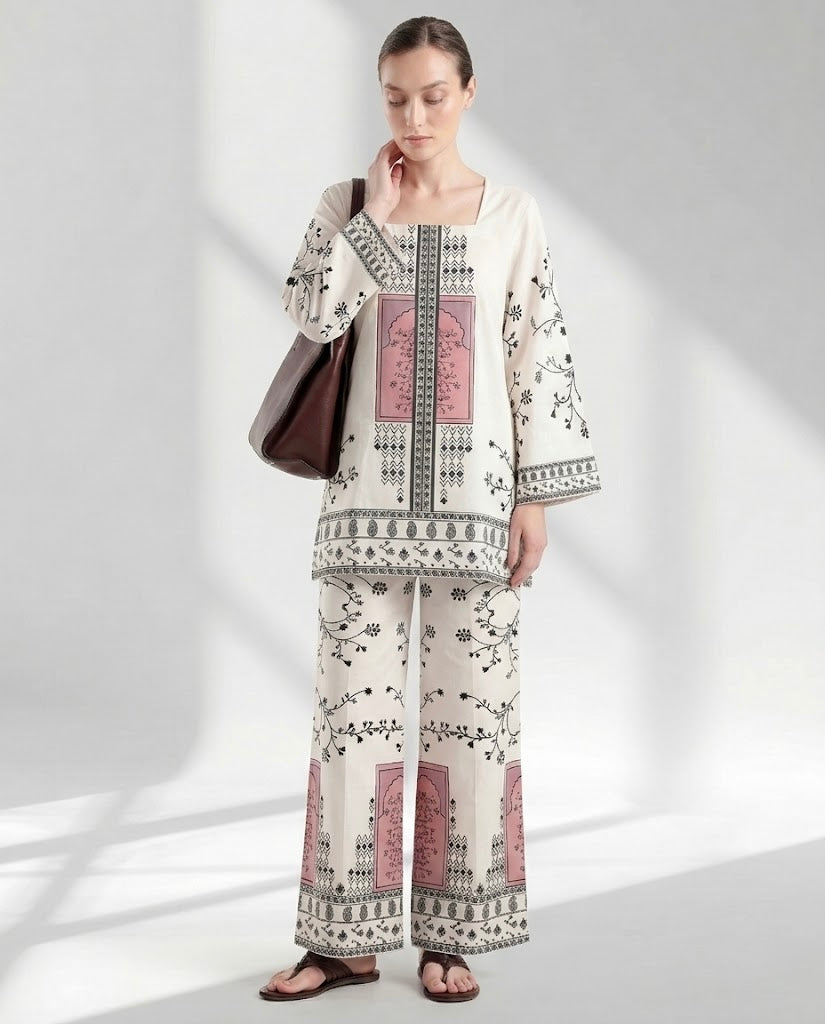 Cream and Charcoal Floral Motif Two-Piece Lounge Set