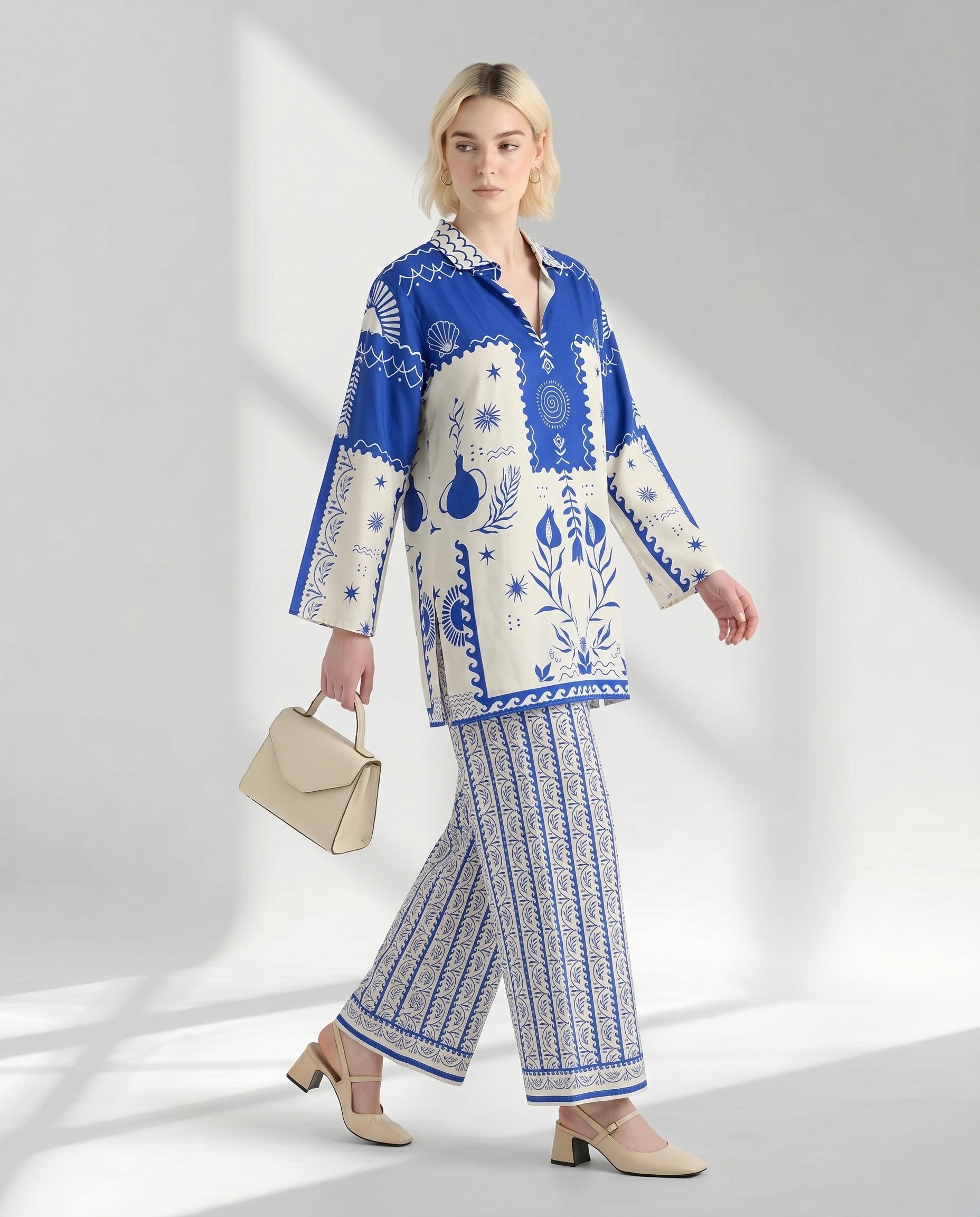Two-Piece Geometric Floral Tunic and Trouser Set
