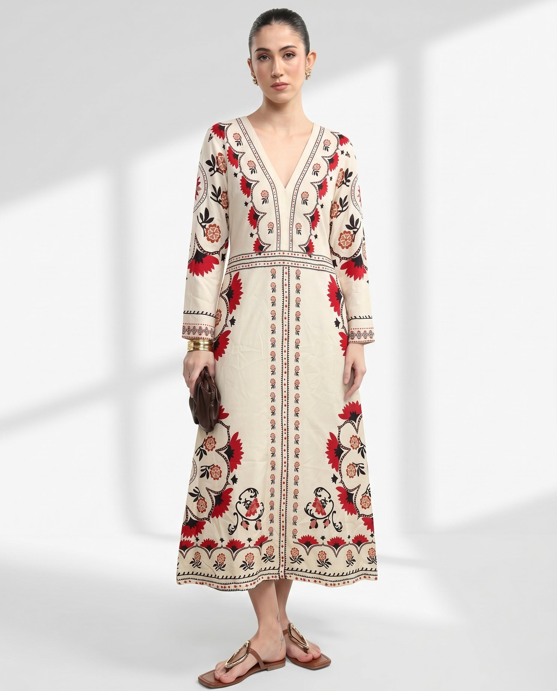 Red and Charcoal Botanical Border Dress