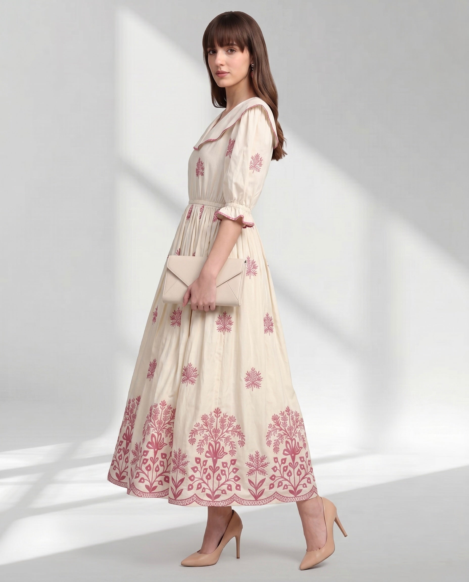 Cream V-Neck Gathered Waist Dress with Pink Embroidery look print