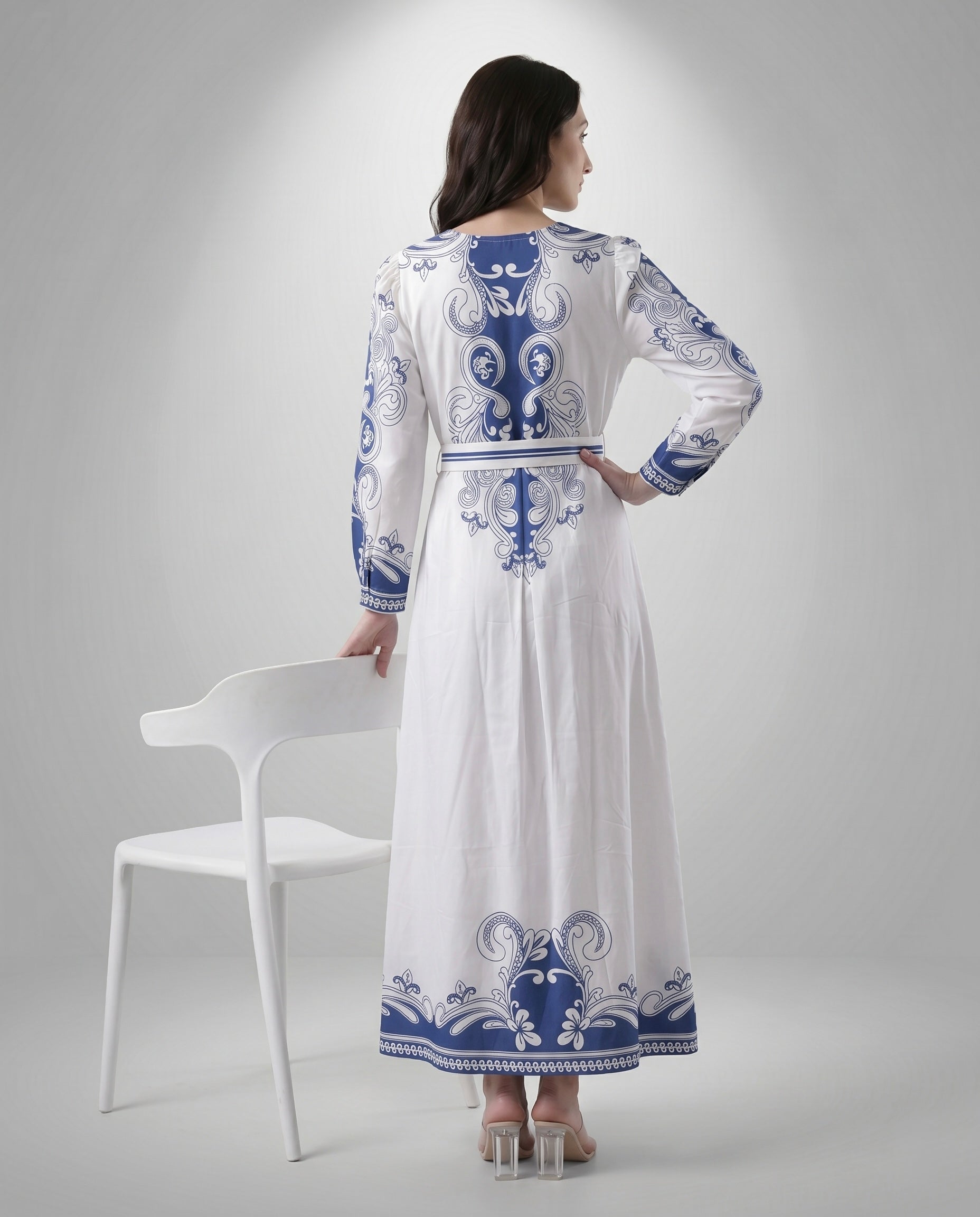 Blue and White Baroque Print Maxi Dress with Tie Belt