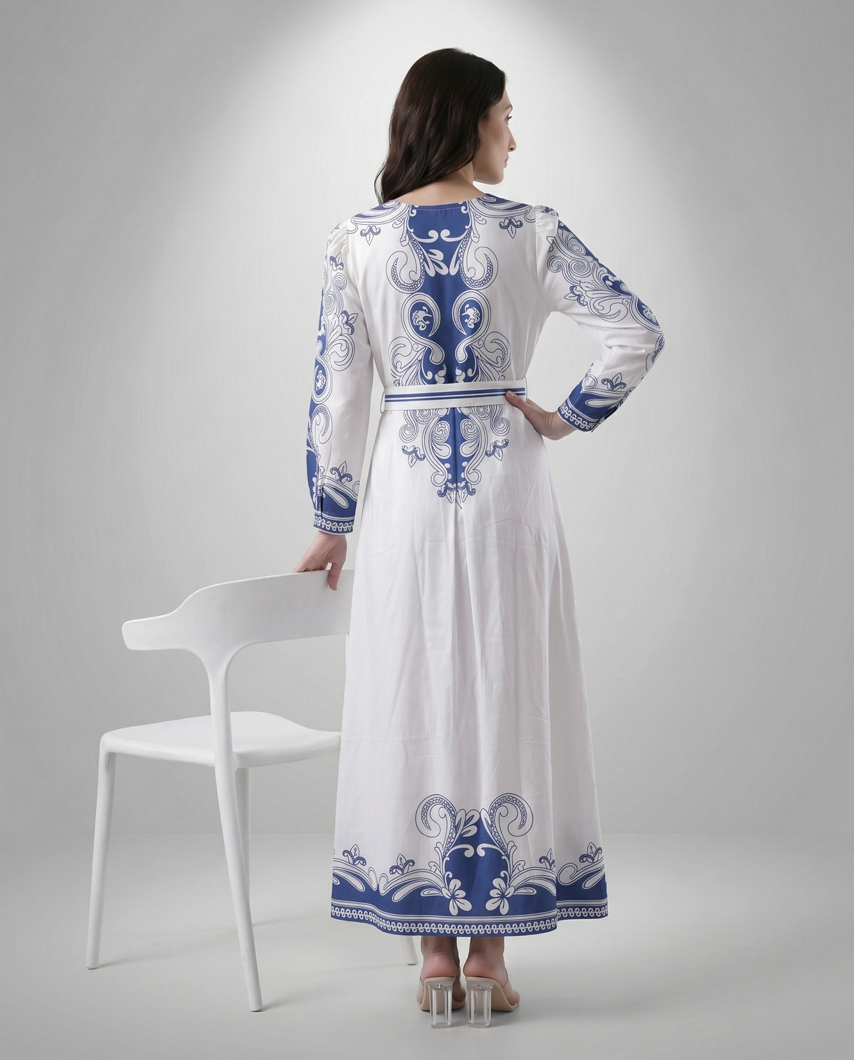 Blue and White Baroque Print Maxi Dress with Tie Belt