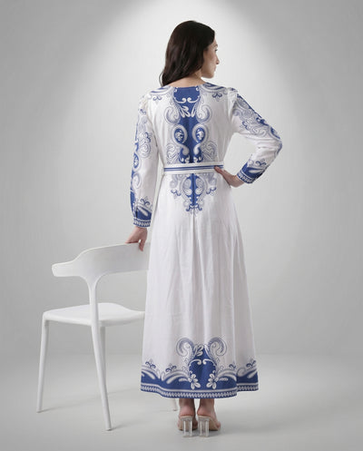 Blue and White Baroque Print Maxi Dress with Tie Belt