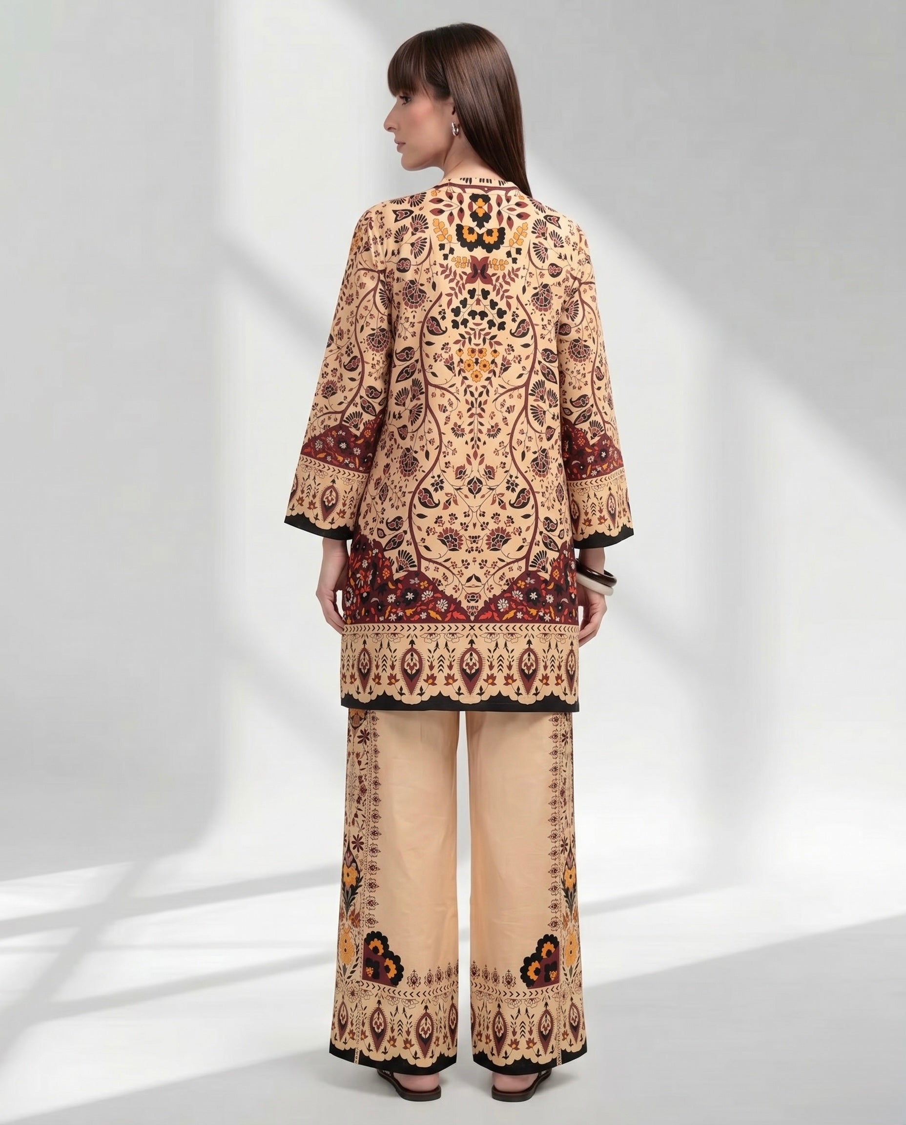 Mustard and Burgundy Geometric Floral Kurta Set