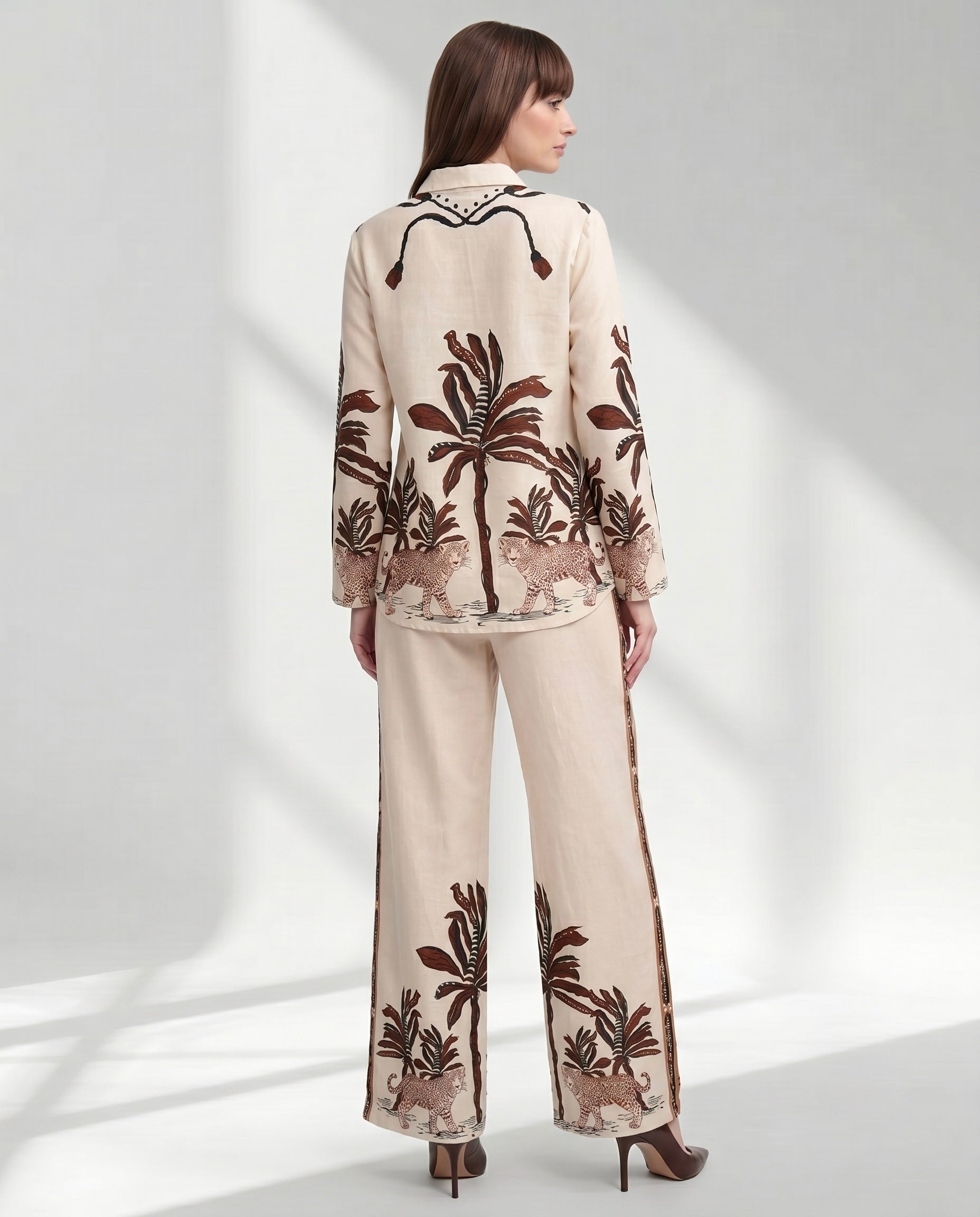 Women's Leopard Motif Shirt and Wide-Leg Trouser Set