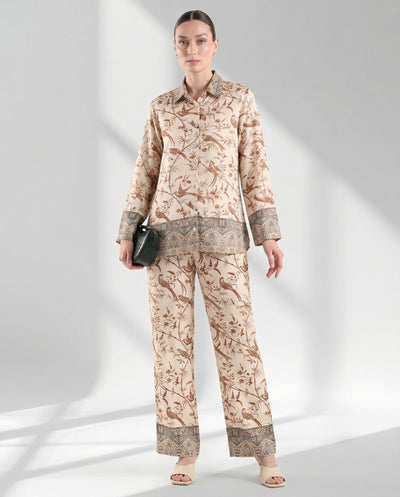 Women's Vintage Bird Motif Silk-Feel Lounge Set
