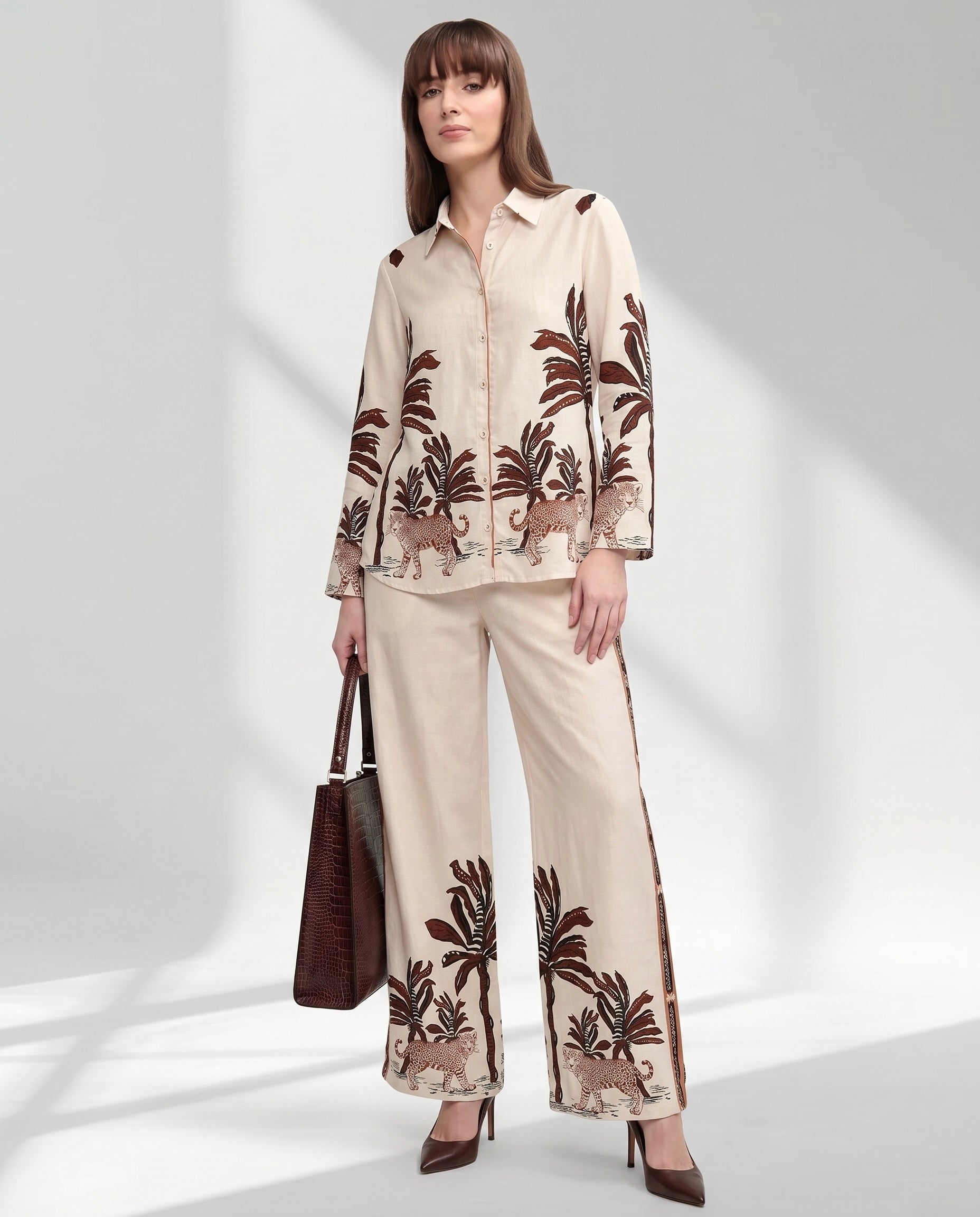Women's Leopard Motif Shirt and Wide-Leg Trouser Set