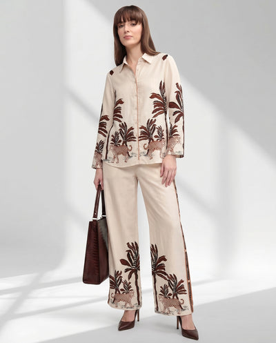 Women's Leopard Motif Shirt and Wide-Leg Trouser Set