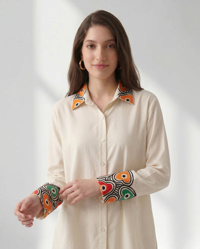 Ivory Button-Down Co-ord with Abstract Border Print
