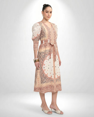 Women's V-Neck Bandana Motif Tie-Waist Dress