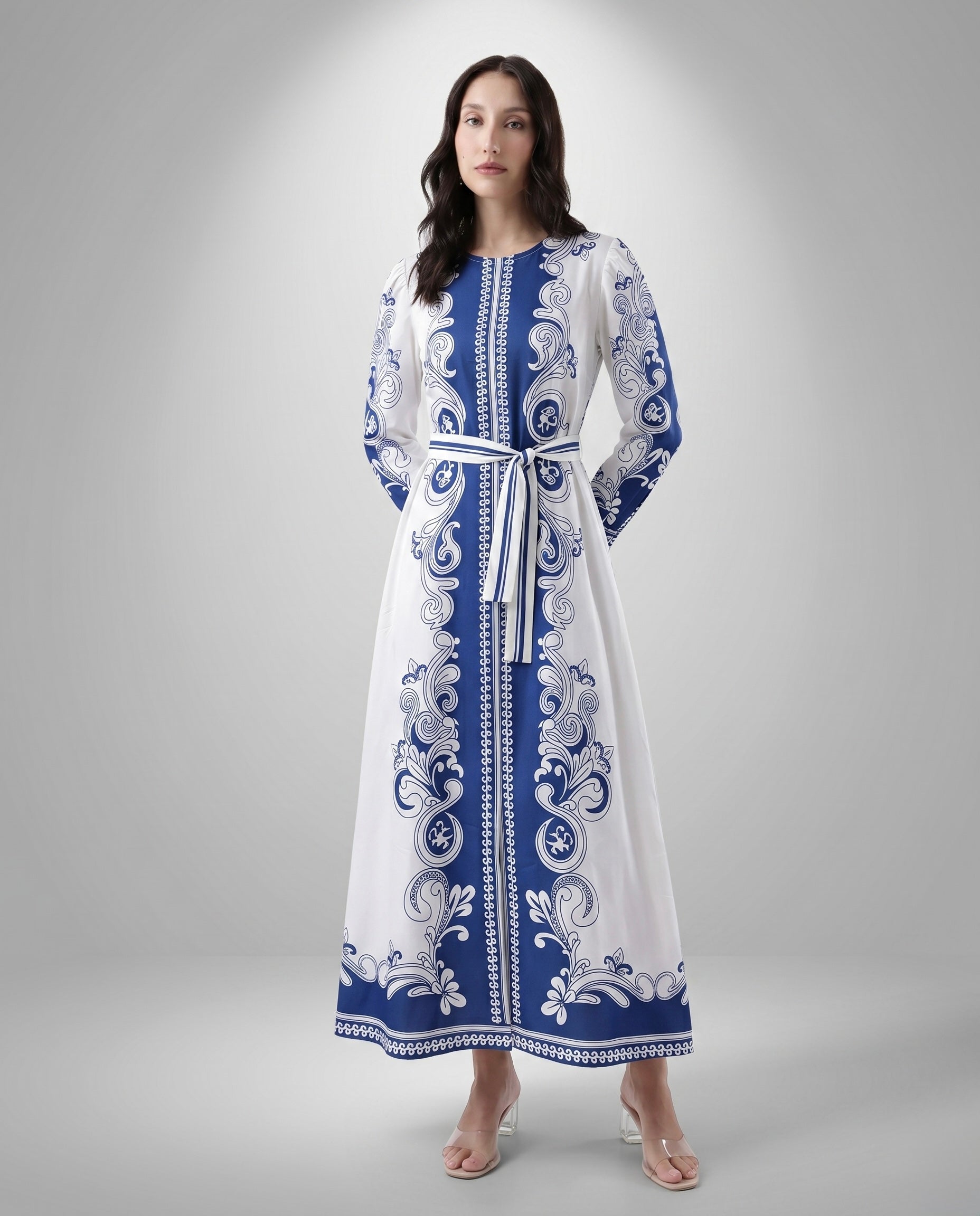 Blue and White Baroque Print Maxi Dress with Tie Belt