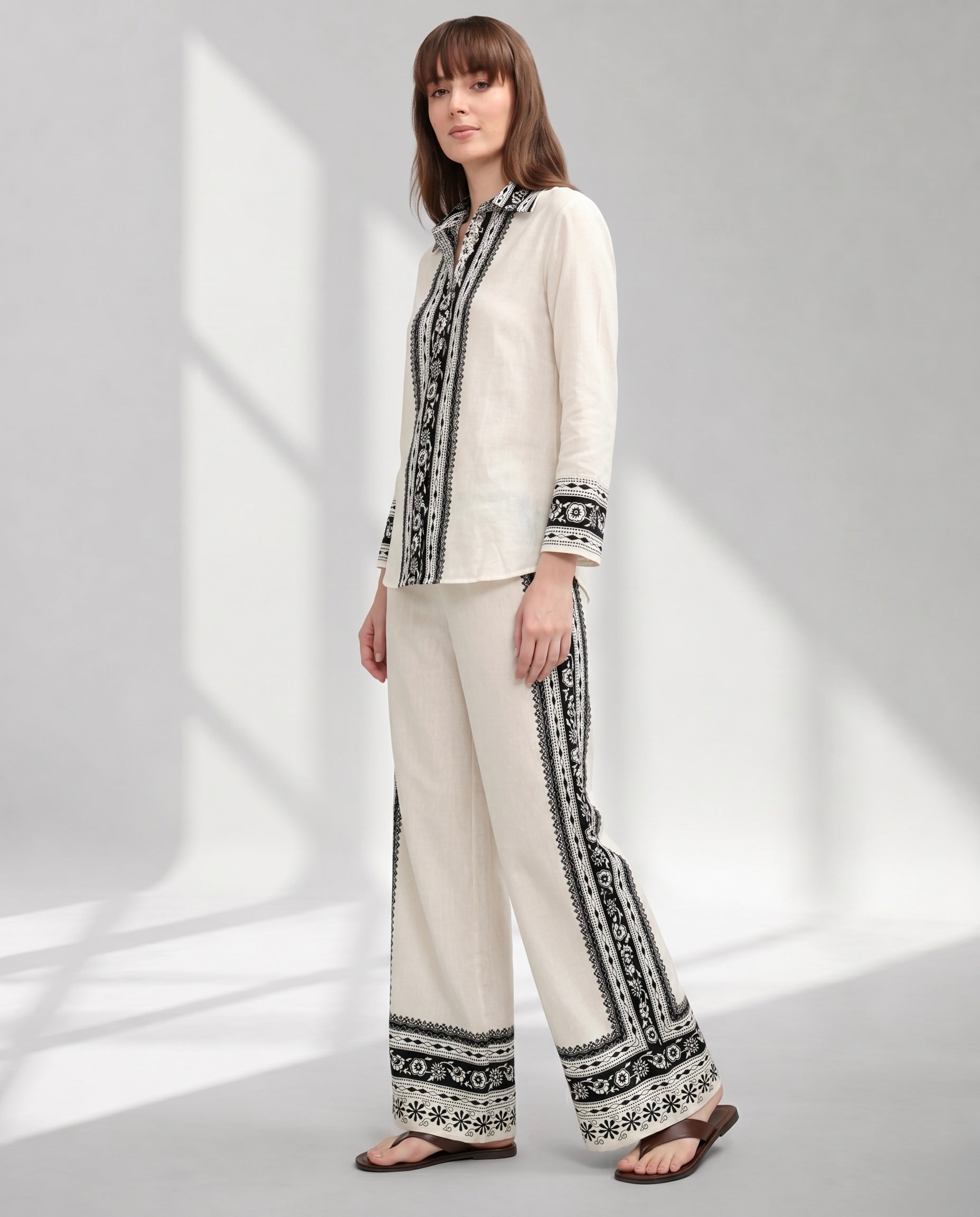 Women's Monochrome Trim Shirt and Wide-Leg Trouser Set