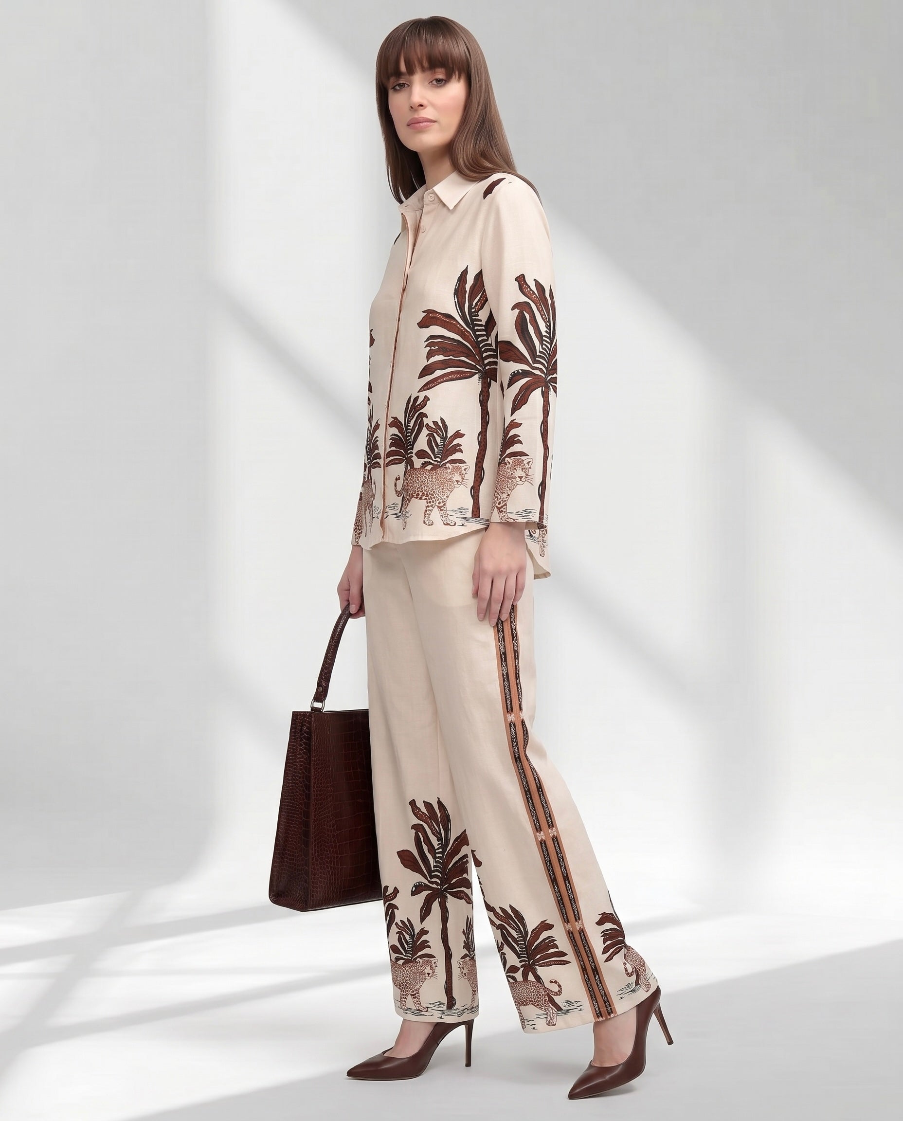 Women's Leopard Motif Shirt and Wide-Leg Trouser Set