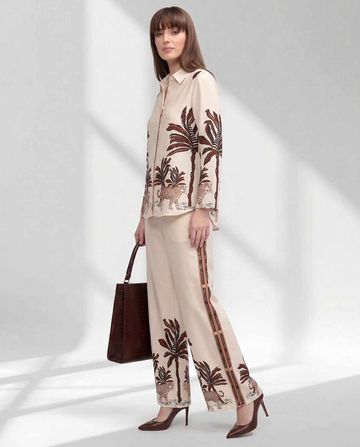 Women's Leopard Motif Shirt and Wide-Leg Trouser Set