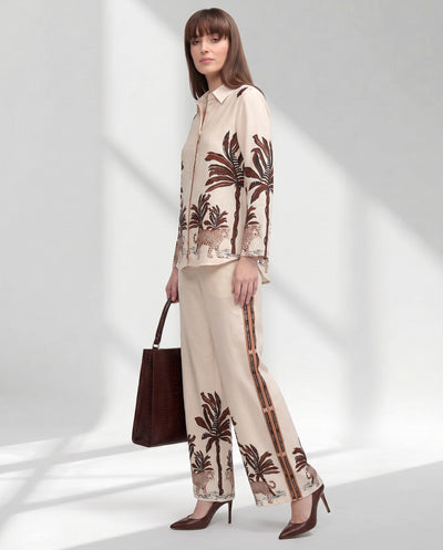 Women's Leopard Motif Shirt and Wide-Leg Trouser Set