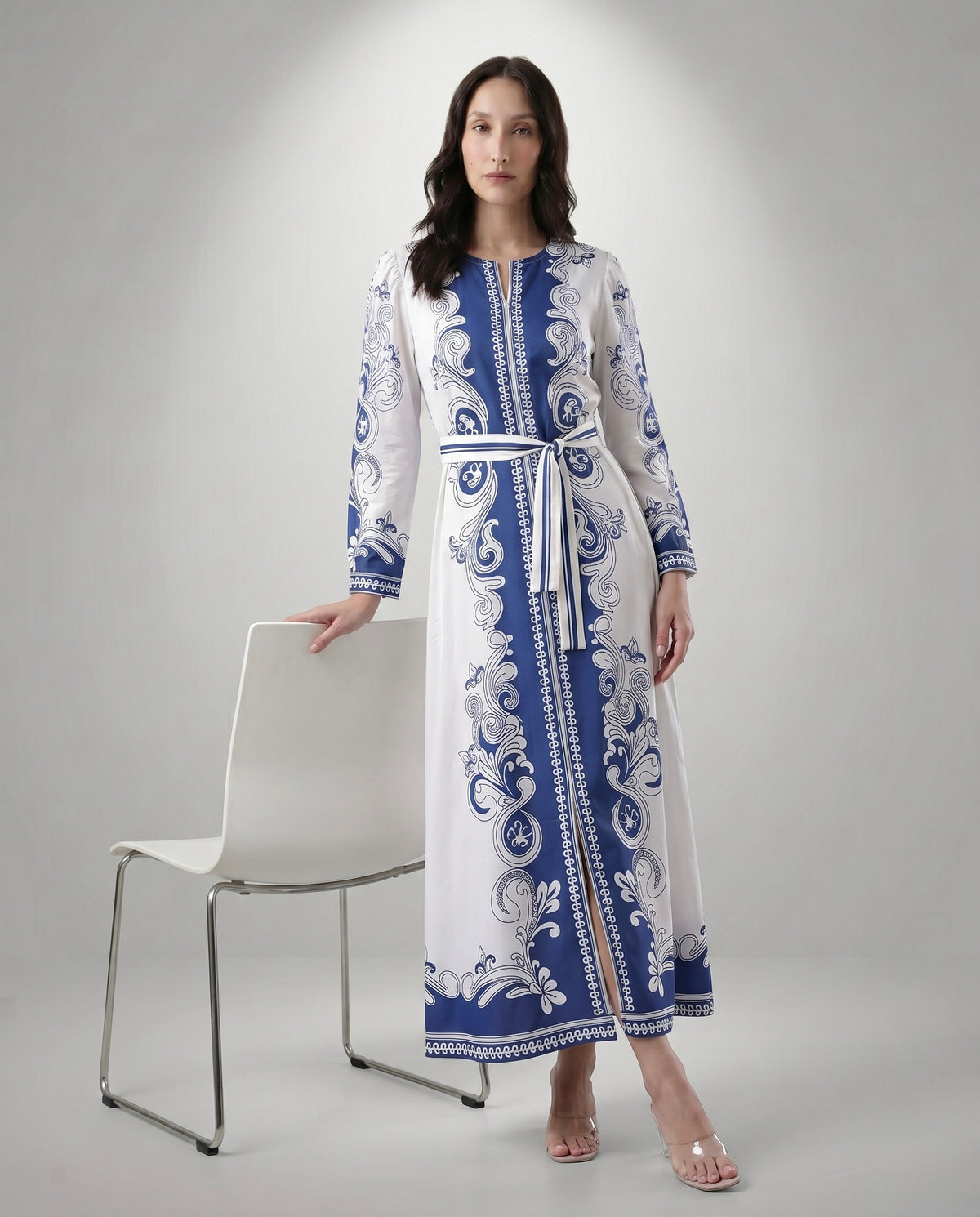 Blue and White Baroque Print Maxi Dress with Tie Belt