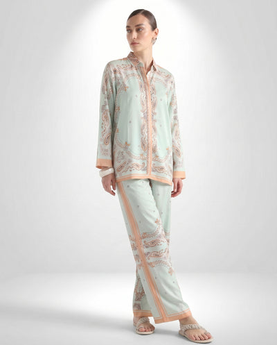 Mint Green Paisley Print Shirt & Wide-Leg Pants Co-Ord Set