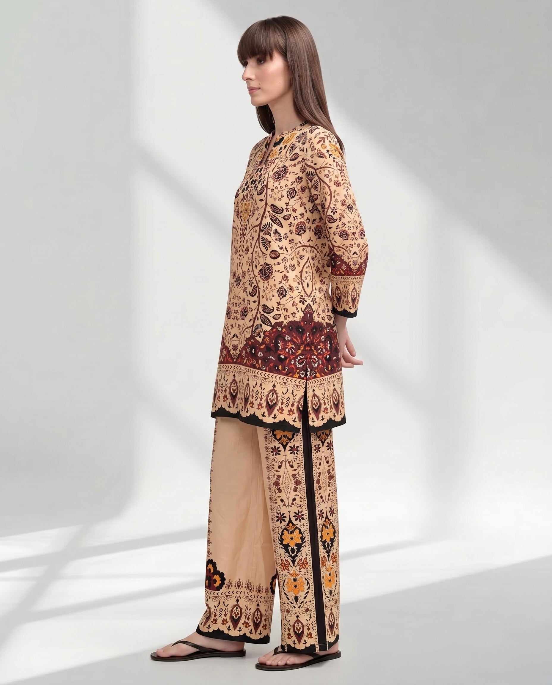 Mustard and Burgundy Geometric Floral Kurta Set