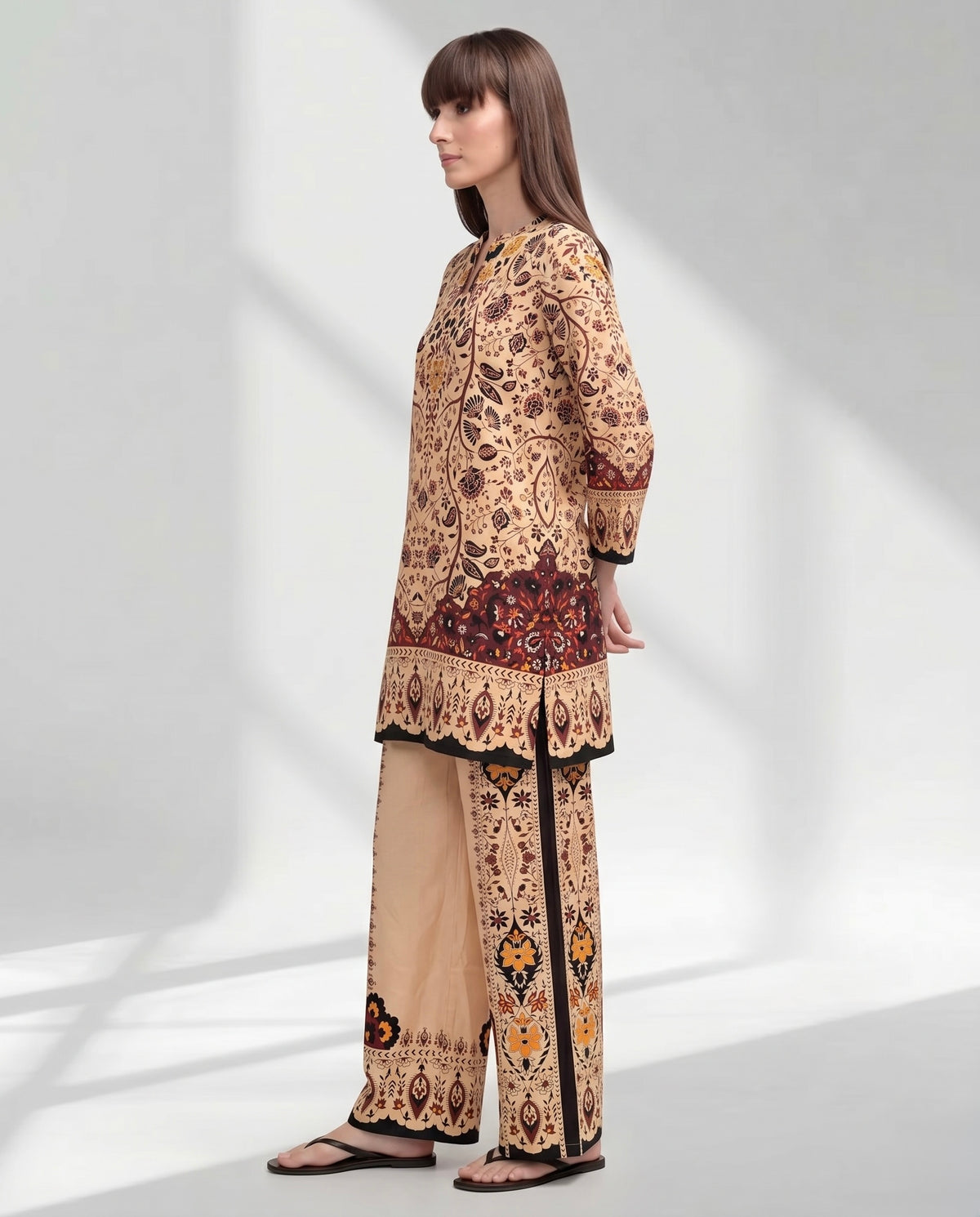 Mustard and Burgundy Geometric Floral Kurta Set