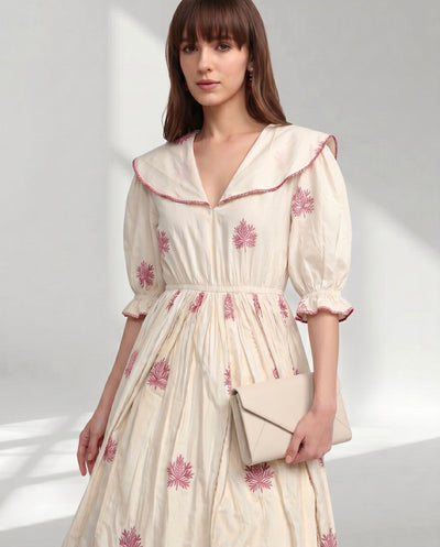Cream V-Neck Gathered Waist Dress with Pink Embroidery look print