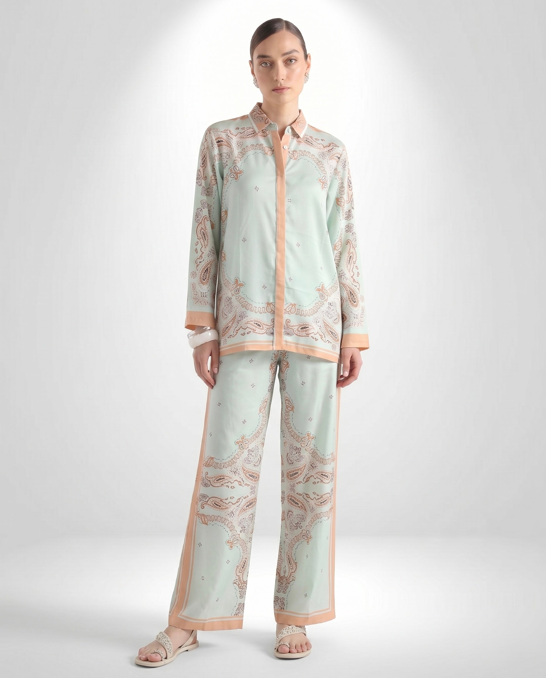 Mint Green Paisley Print Shirt & Wide-Leg Pants Co-Ord Set