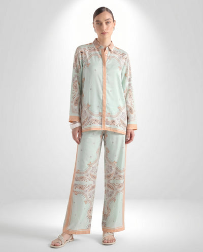 Mint Green Paisley Print Shirt & Wide-Leg Pants Co-Ord Set