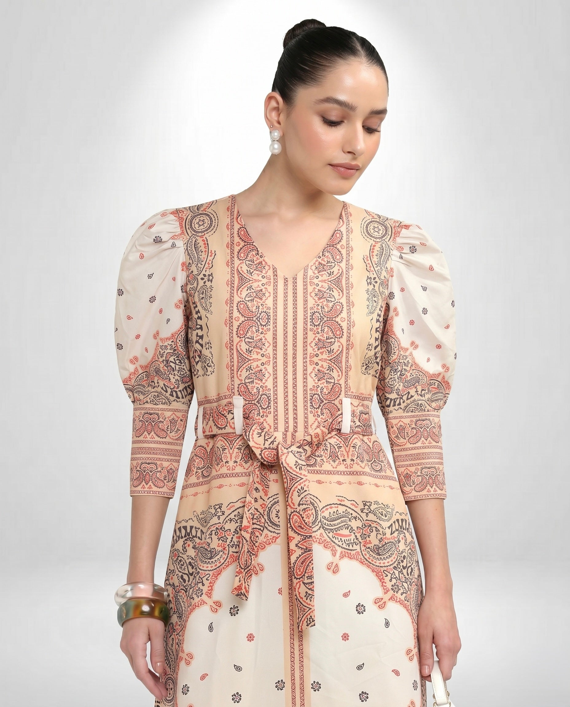 Women's V-Neck Bandana Motif Tie-Waist Dress