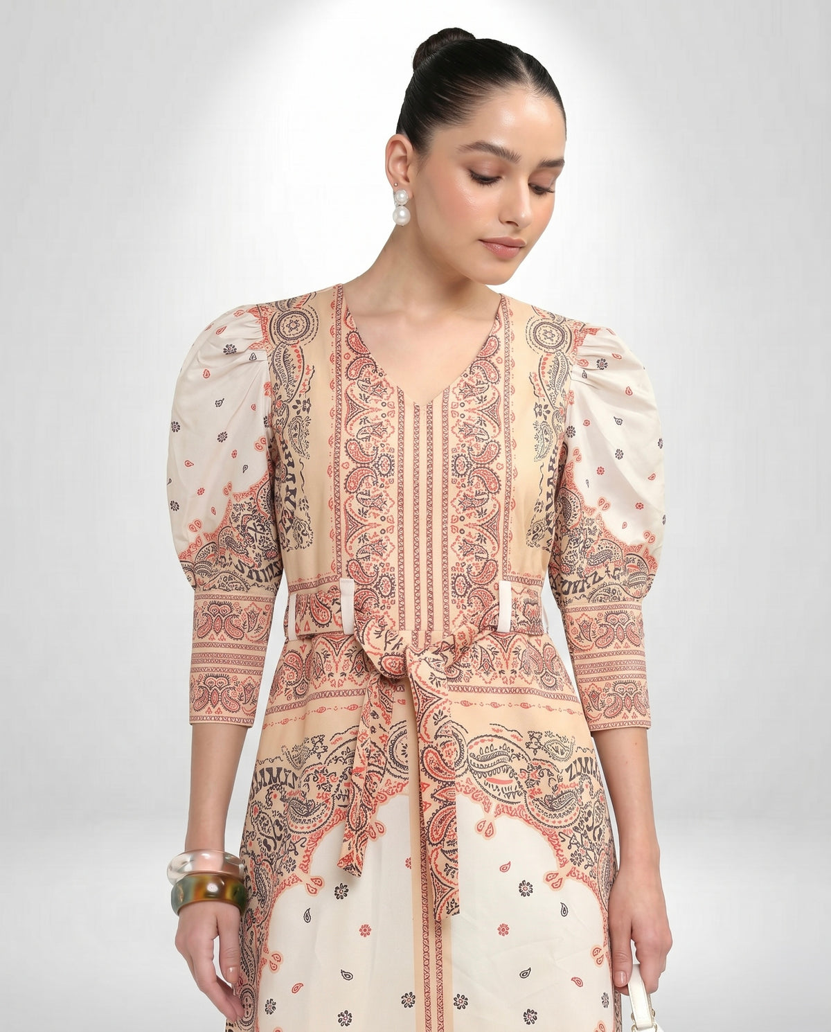 Women's V-Neck Bandana Motif Tie-Waist Dress