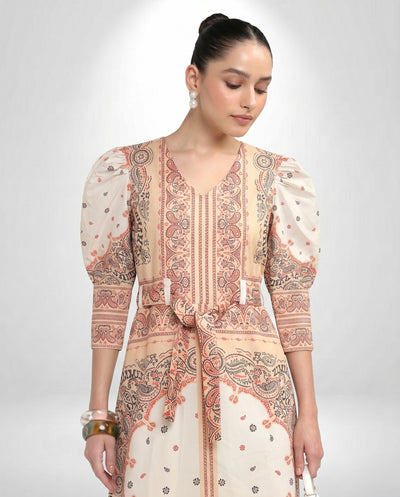 Women's V-Neck Bandana Motif Tie-Waist Dress
